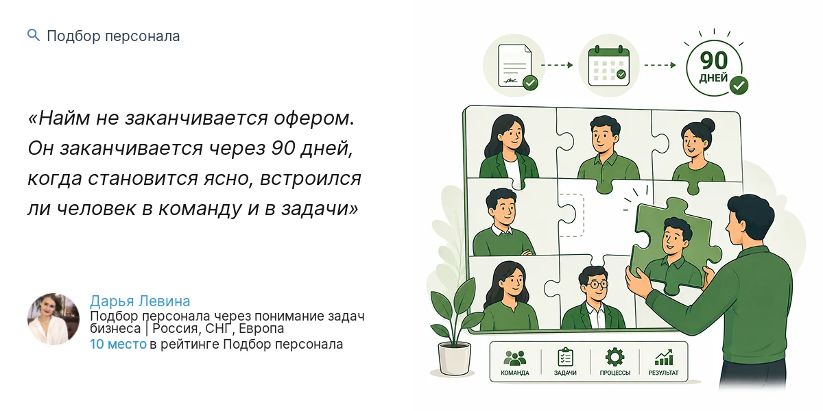 Найм не заканчивается офером. Он заканчивается через 90 дней, когда становится ясно, встроился ли человек в команду и в задачи