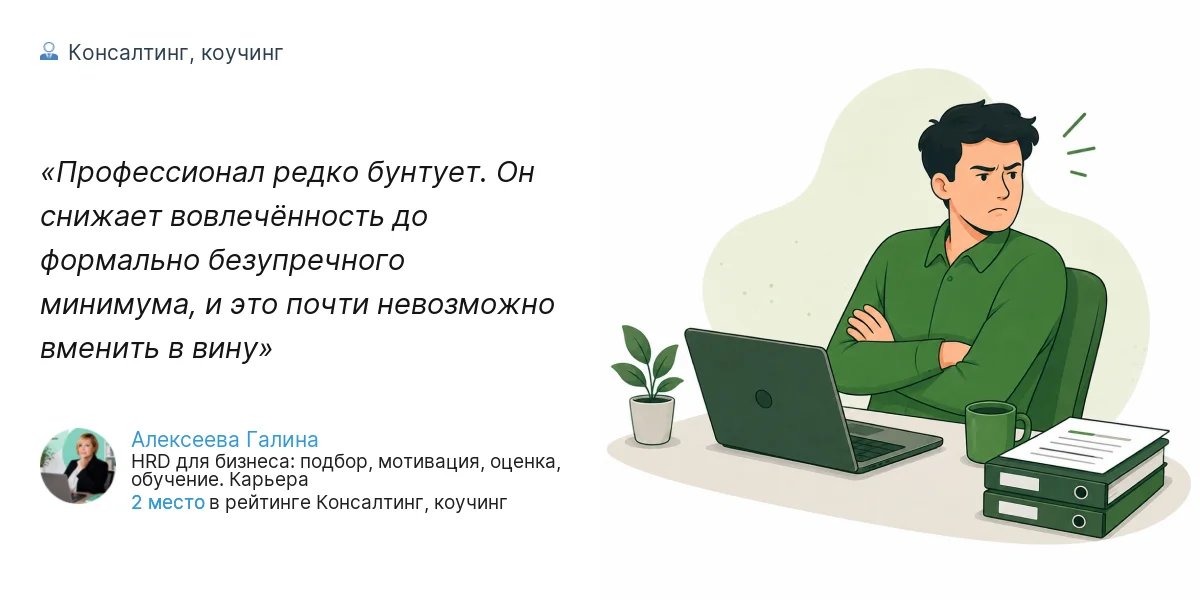 Профессионал редко бунтует. Он снижает вовлечённость до формально безупречного минимума, и это почти невозможно вменить в вину