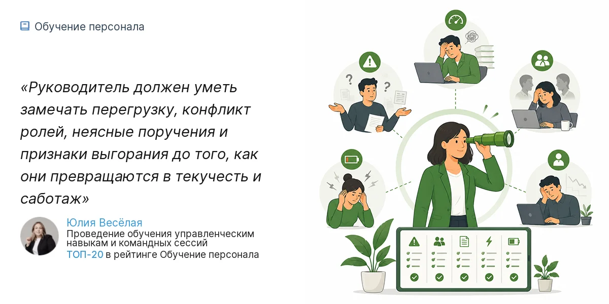 Руководитель должен уметь замечать перегрузку, конфликт ролей, неясные поручения и признаки выгорания до того, как они превращаются в текучесть и саботаж