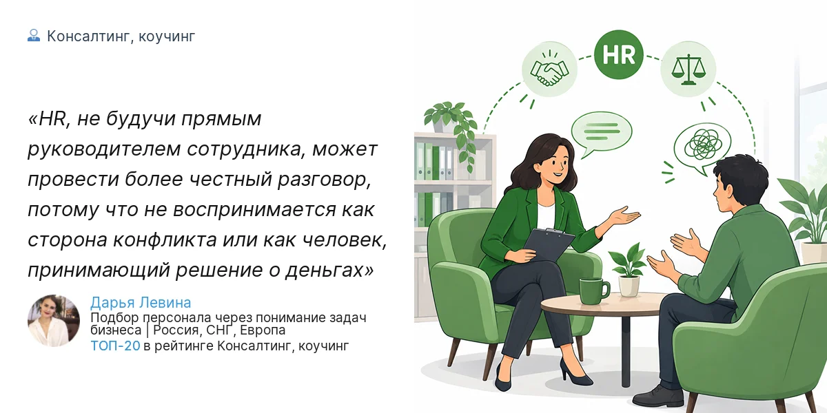 HR, не будучи прямым руководителем сотрудника, может провести более честный разговор, потому что не воспринимается как сторона конфликта или как человек, принимающий решение о деньгах
