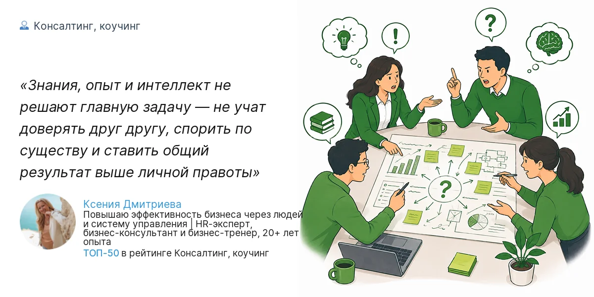Знания, опыт и интеллект не решают главную задачу — не учат доверять друг другу, спорить по существу и ставить общий результат выше личной правоты