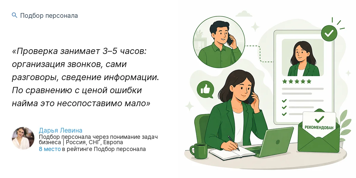 Проверка занимает 3–5 часов: организация звонков, сами разговоры, сведение информации. По сравнению с ценой ошибки найма это несопоставимо мало