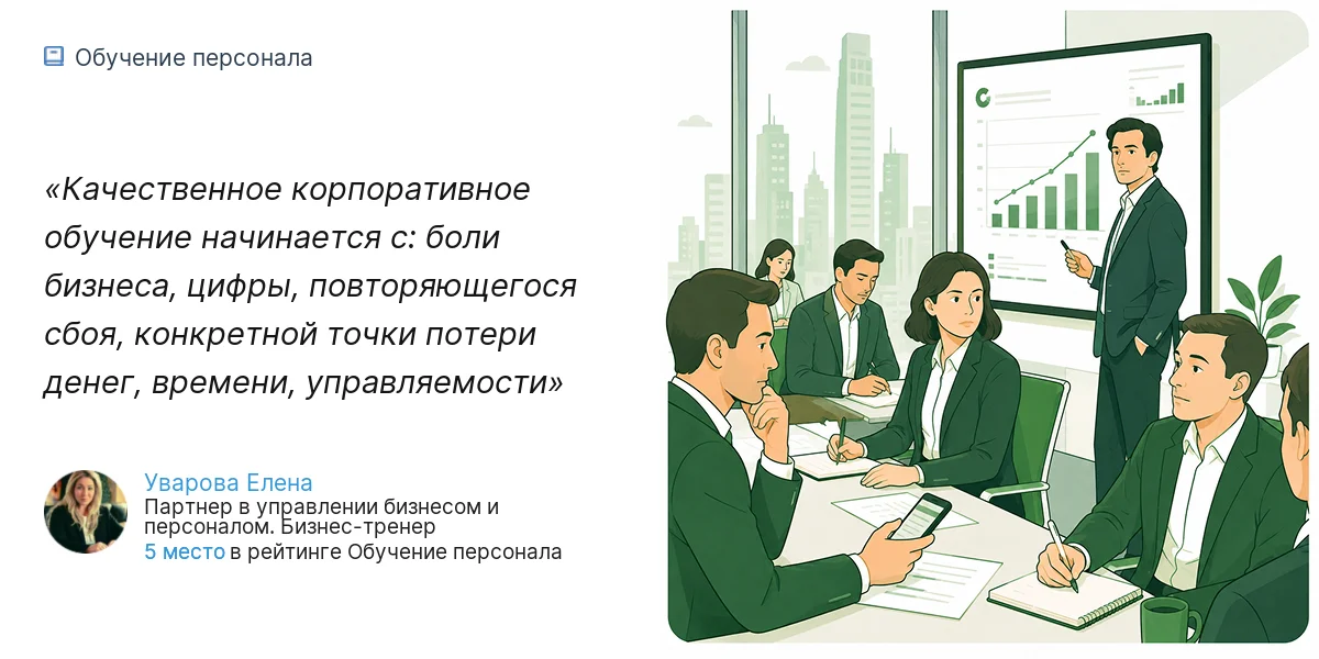 Качественное корпоративное обучение начинается с: боли бизнеса, цифры, повторяющегося сбоя, конкретной точки потери денег, времени, управляемости
