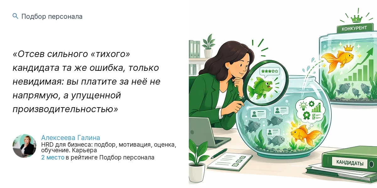 Отсев сильного «тихого» кандидата, та же ошибка, только невидимая: вы платите за неё не напрямую, а упущенной производительностью