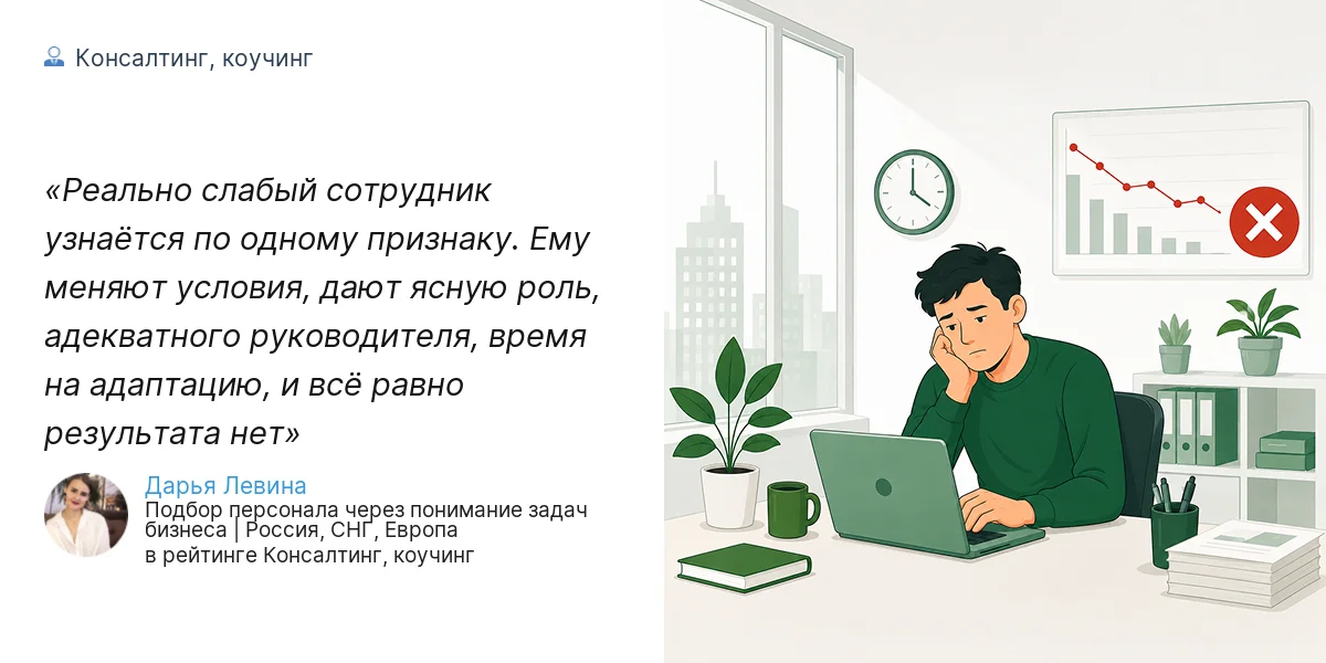 Реально слабый сотрудник узнаётся по одному признаку. Ему меняют условия, дают ясную роль, адекватного руководителя, время на адаптацию, и всё равно результата нет