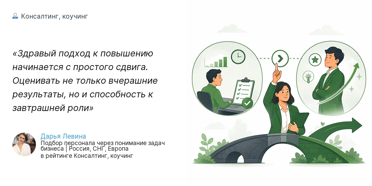 Здравый подход к повышению начинается с простого сдвига. Оценивать не только вчерашние результаты, но и способность к завтрашней роли
