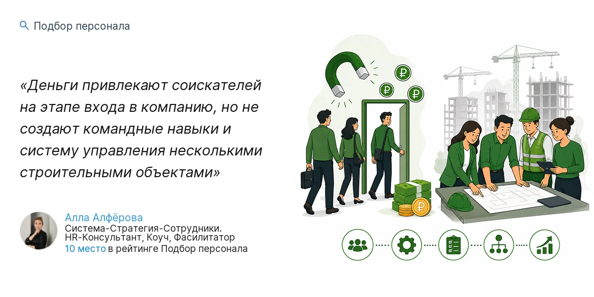 Деньги привлекают соискателей на этапе входа в компанию, но не создают командные навыки и систему управления несколькими строительными объектами