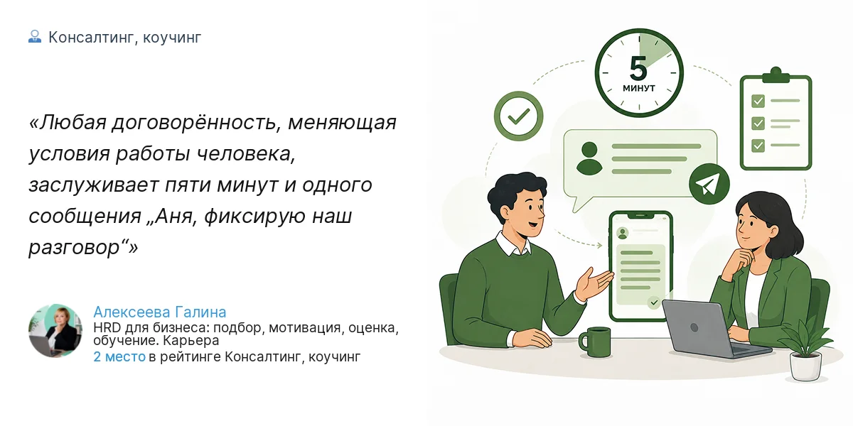 Любая договорённость, меняющая условия работы человека, заслуживает пяти минут и одного сообщения „Аня, фиксирую наш разговор“