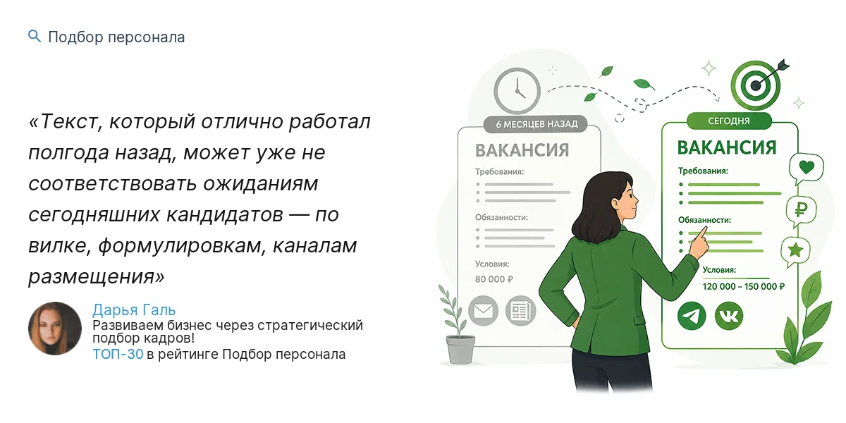 Текст, который отлично работал полгода назад, может уже не соответствовать ожиданиям сегодняшних кандидатов — по вилке, формулировкам, каналам размещения