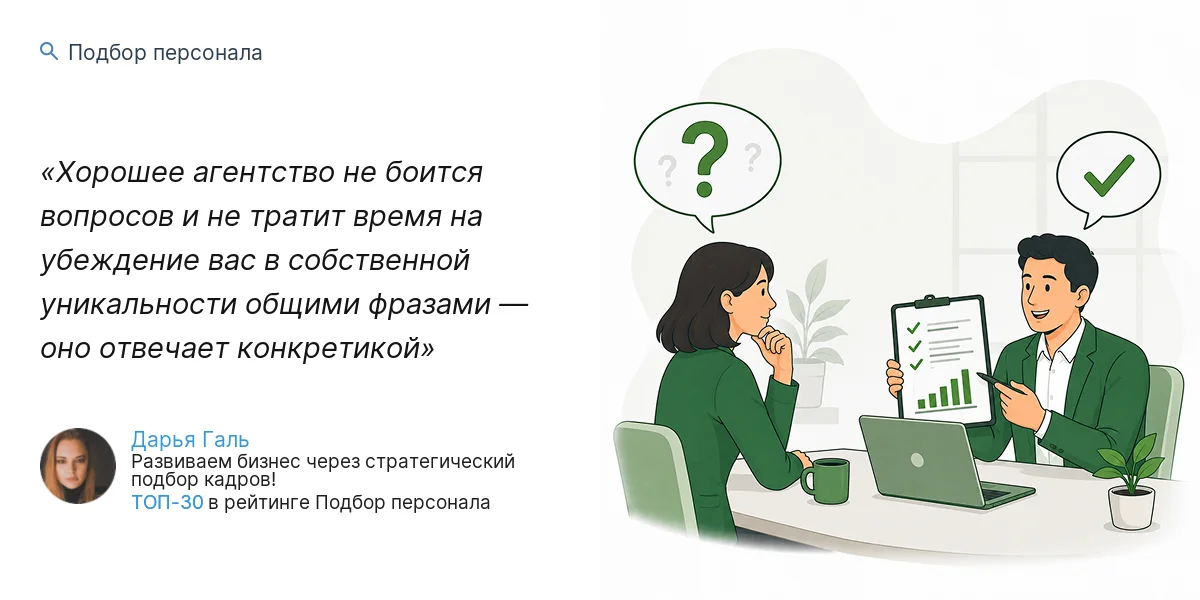 Хорошее агентство не боится вопросов и не тратит время на убеждение вас в собственной уникальности общими фразами — оно отвечает конкретикой