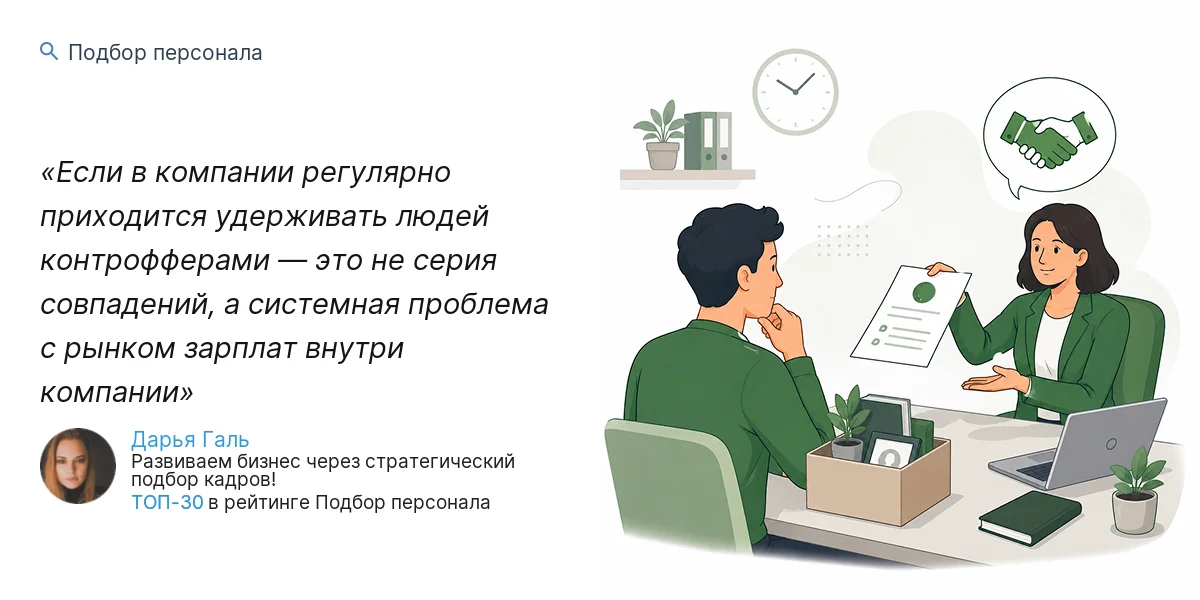 Если в компании регулярно приходится удерживать людей контрофферами — это не серия совпадений, а системная проблема с рынком зарплат внутри компании