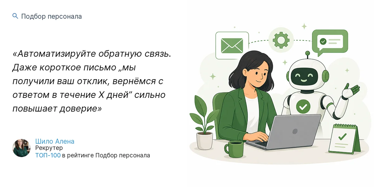 Автоматизируйте обратную связь. Даже короткое письмо „мы получили ваш отклик, вернёмся с ответом в течение X дней” сильно повышает доверие