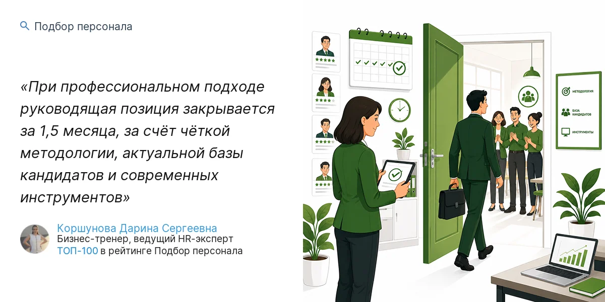 При профессиональном подходе руководящая позиция закрывается за 1,5 месяца, за счёт чёткой методологии, актуальной базы кандидатов и современных инструментов