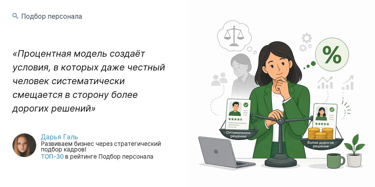 Процентная модель создаёт условия, в которых даже честный человек систематически смещается в сторону более дорогих решений
