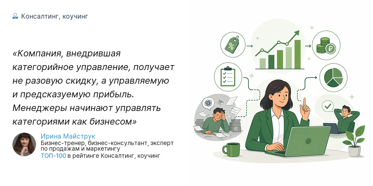Компания, внедрившая категорийное управление, получает не разовую скидку, а управляемую и предсказуемую прибыль. Менеджеры начинают управлять категориями как бизнесом