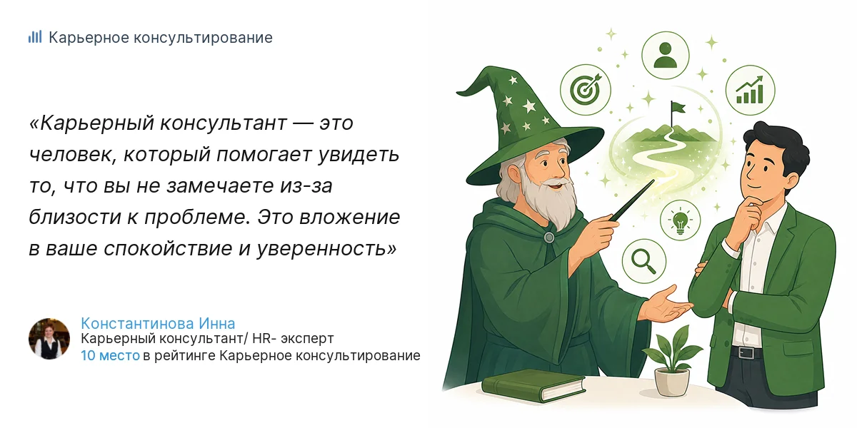 Карьерный консультант — это человек, который помогает увидеть то, что вы не замечаете из-за близости к проблеме. Это вложение в ваше спокойствие и уверенность