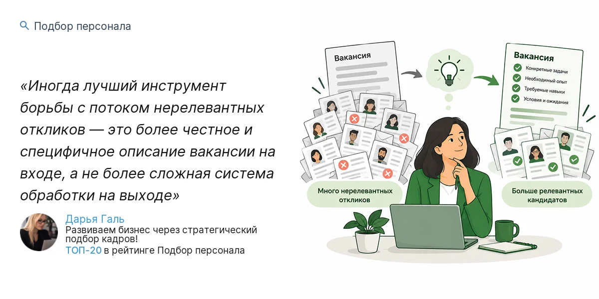Иногда лучший инструмент борьбы с потоком нерелевантных откликов — это более честное и специфичное описание вакансии на входе, а не более сложная система обработки на выходе