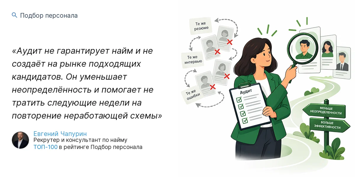 Аудит не гарантирует найм и не создаёт на рынке подходящих кандидатов. Он уменьшает неопределённость и помогает не тратить следующие недели на повторение неработающей схемы