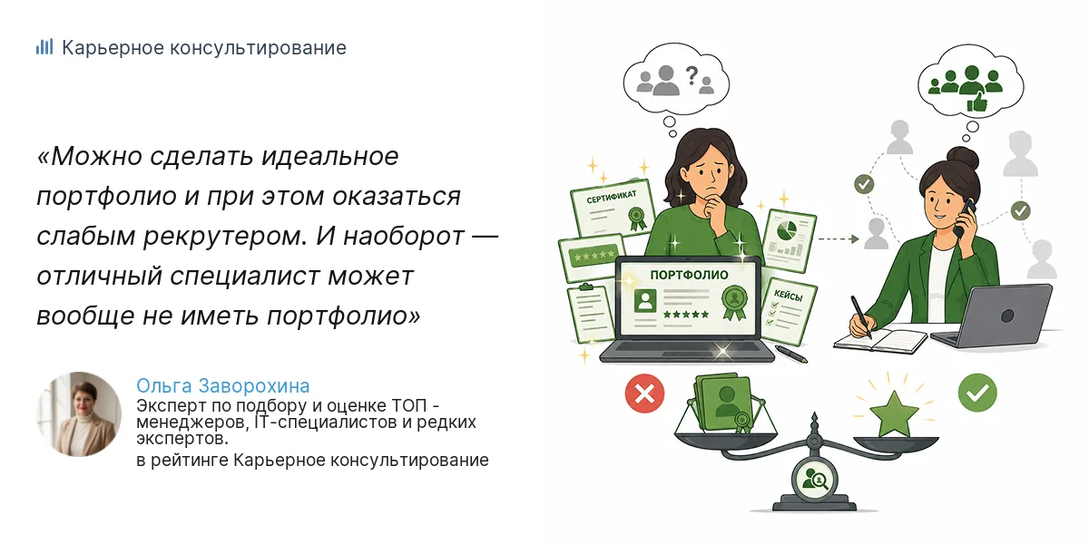 Можно сделать идеальное портфолио и при этом оказаться слабым рекрутером. И наоборот — отличный специалист может вообще не иметь портфолио
