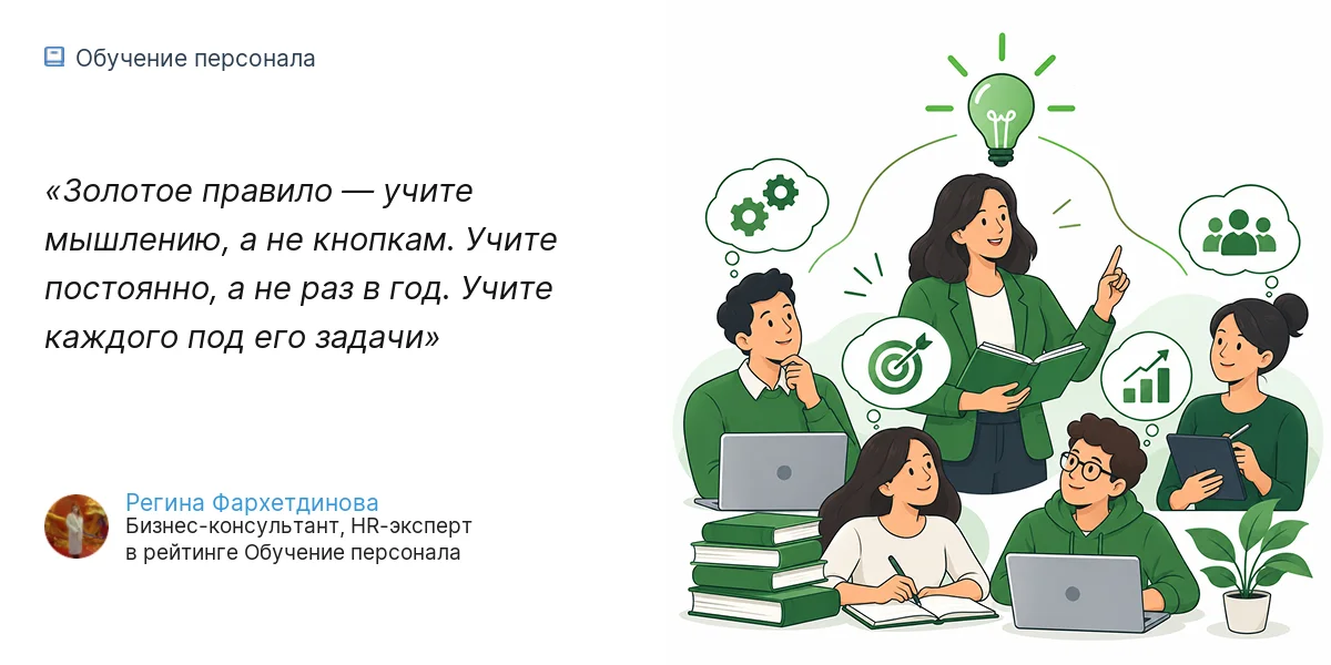 Золотое правило — учите мышлению, а не кнопкам. Учите постоянно, а не раз в год. Учите каждого под его задачи