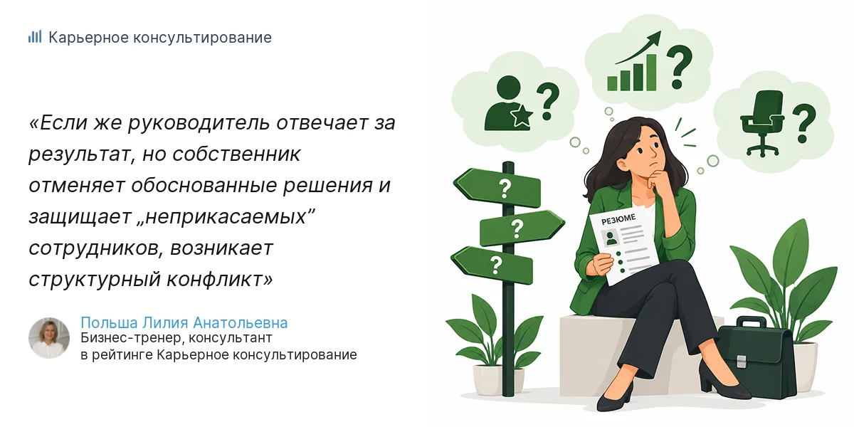 Если же руководитель отвечает за результат, но собственник отменяет обоснованные решения и защищает „неприкасаемых” сотрудников, возникает структурный конфликт