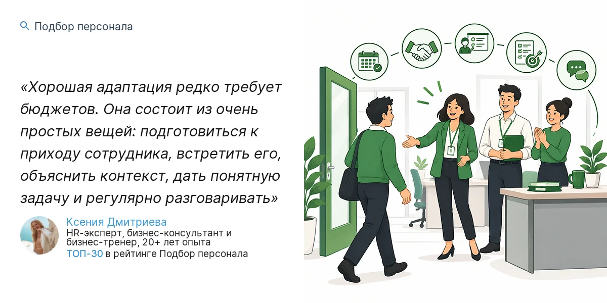 Хорошая адаптация редко требует бюджетов. Она состоит из очень простых вещей: подготовиться к приходу сотрудника, встретить его, объяснить контекст, дать понятную задачу и регулярно разговаривать