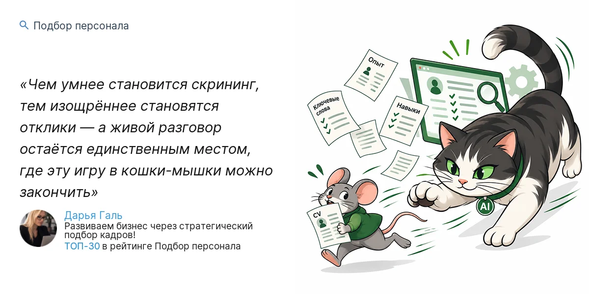 Чем умнее становится скрининг, тем изощрённее становятся отклики — а живой разговор остаётся единственным местом, где эту игру в кошки-мышки можно закончить