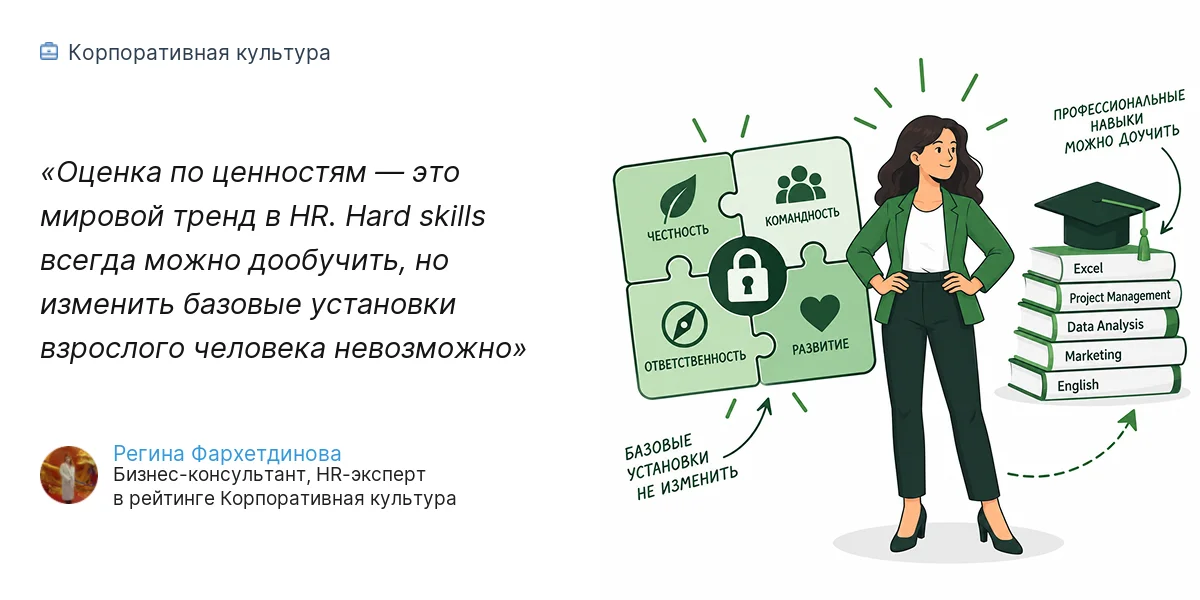 Оценка по ценностям — это мировой тренд в HR. Hard skills всегда можно дообучить, но изменить базовые установки взрослого человека невозможно