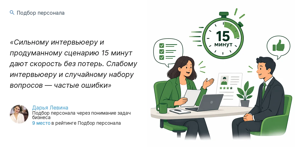 Сильному интервьюеру и продуманному сценарию 15 минут дают скорость без потерь. Слабому интервьюеру и случайному набору вопросов — частые ошибки