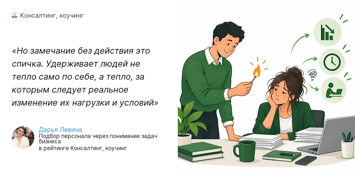 Но замечание без действия это спичка. Удерживает людей не тепло само по себе, а тепло, за которым следует реальное изменение их нагрузки и условий