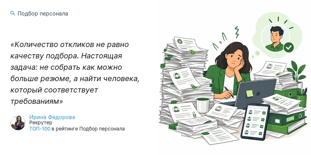 Количество откликов не равно качеству подбора. Настоящая задача: не собрать как можно больше резюме, а найти человека, который соответствует требованиям