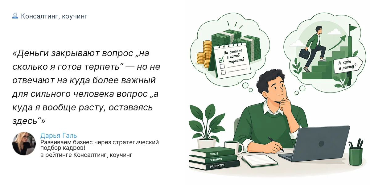 Деньги закрывают вопрос „на сколько я готов терпеть“ — но не отвечают на куда более важный для сильного человека вопрос „а куда я вообще расту, оставаясь здесь“
