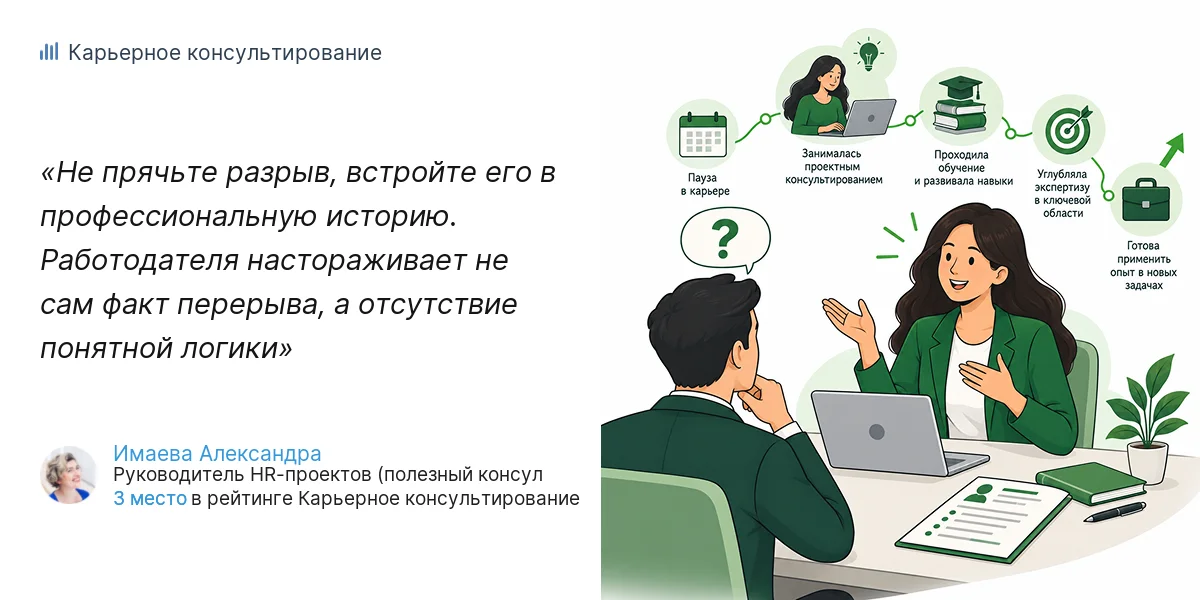Не прячьте разрыв, встройте его в профессиональную историю. Работодателя настораживает не сам факт перерыва, а отсутствие понятной логики