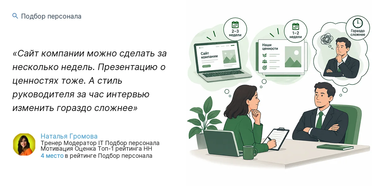Сайт компании можно сделать за несколько недель. Презентацию о ценностях тоже. А стиль руководителя за час интервью изменить гораздо сложнее