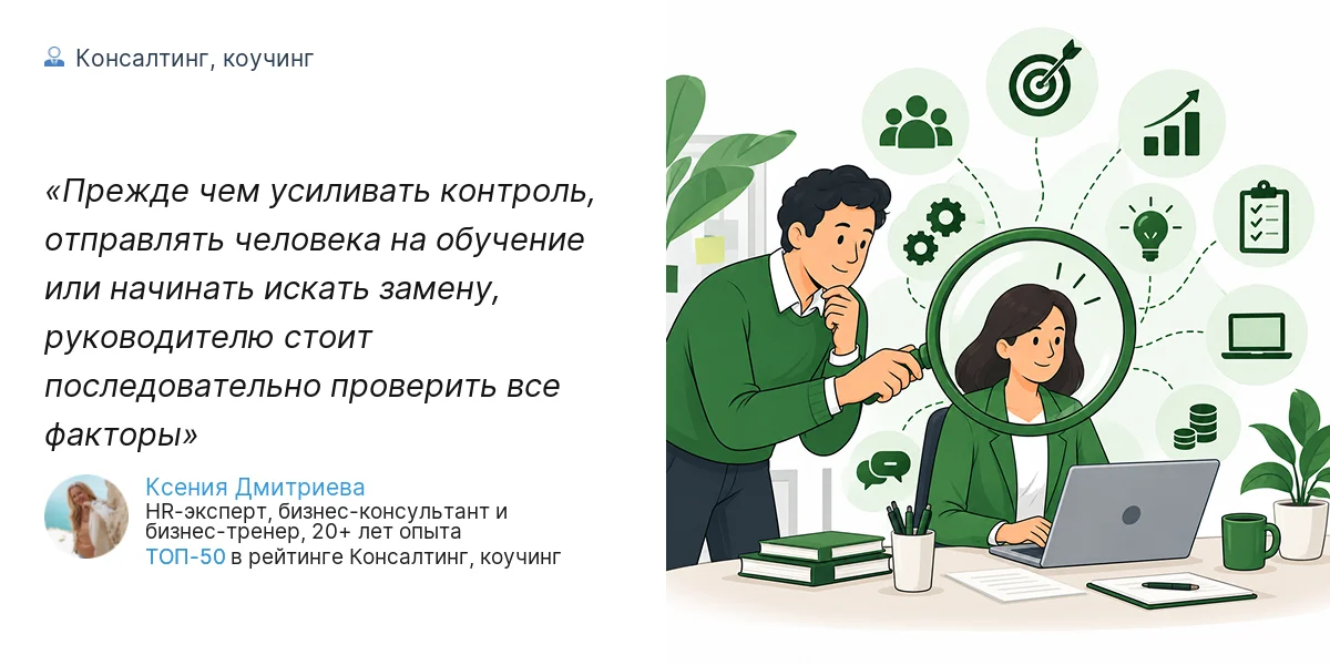 Прежде чем усиливать контроль, отправлять человека на обучение или начинать искать замену, руководителю стоит последовательно проверить все факторы