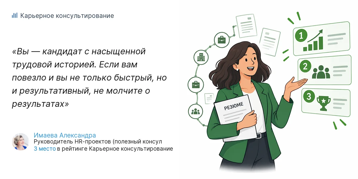 Вы — кандидат с насыщенной трудовой историей. Если вам повезло и вы не только быстрый, но и результативный, не молчите о результатах