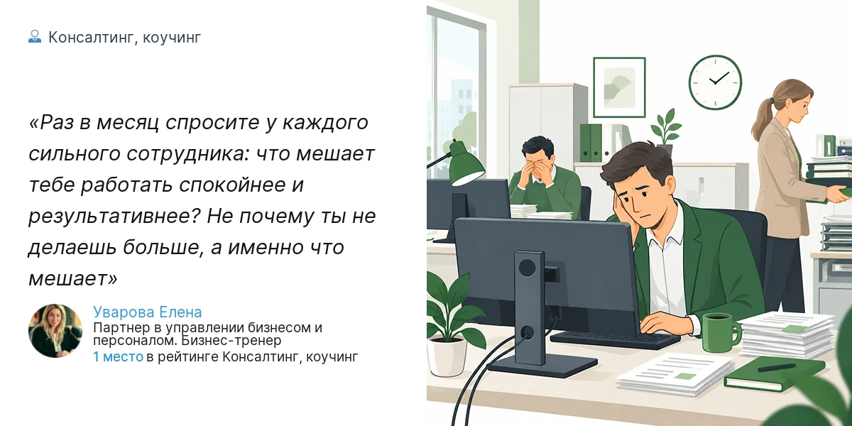 Раз в месяц спросите у каждого сильного сотрудника: что мешает тебе работать спокойнее и результативнее? Не почему ты не делаешь больше, а именно что мешает