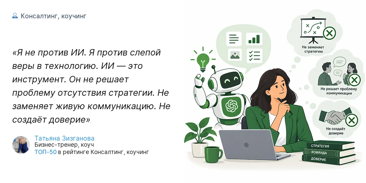 Я не против ИИ. Я против слепой веры в технологию. ИИ — это инструмент. Он не решает проблему отсутствия стратегии. Не заменяет живую коммуникацию. Не создаёт доверие
