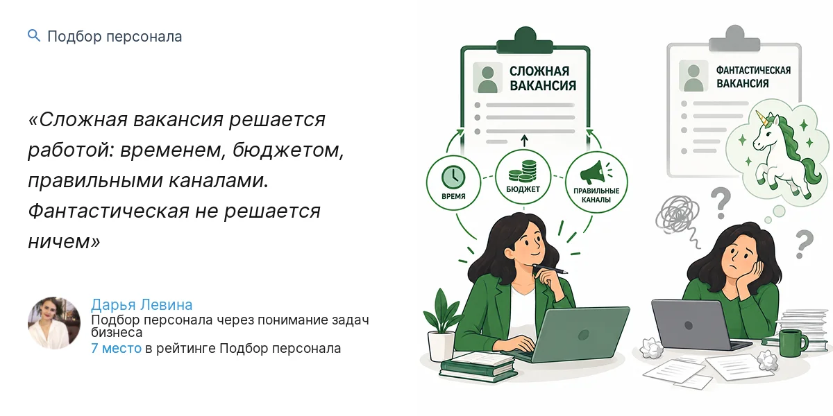 Сложная вакансия решается работой: временем, бюджетом, правильными каналами. Фантастическая не решается ничем