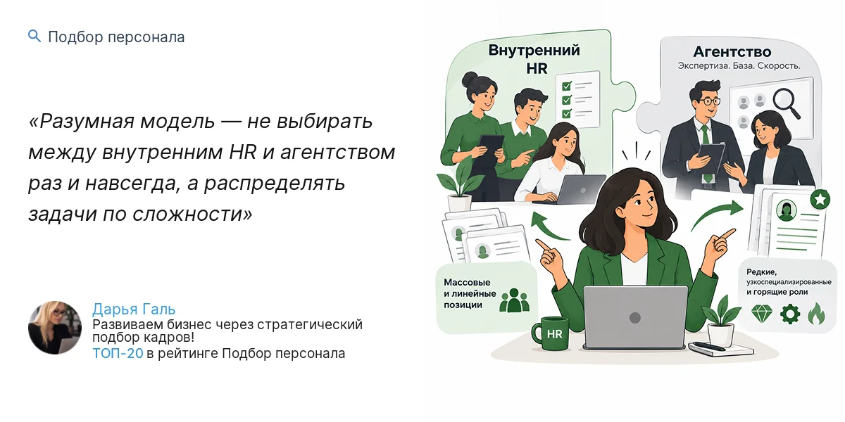 Разумная модель — не выбирать между внутренним HR и агентством раз и навсегда, а распределять задачи по сложности