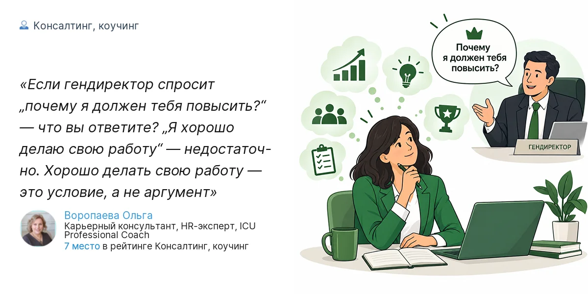 Если гендиректор спросит „почему я должен тебя повысить?“ — что вы ответите? „Я хорошо делаю свою работу“ — недостаточ- но. Хорошо делать свою работу — это условие, а не аргумент