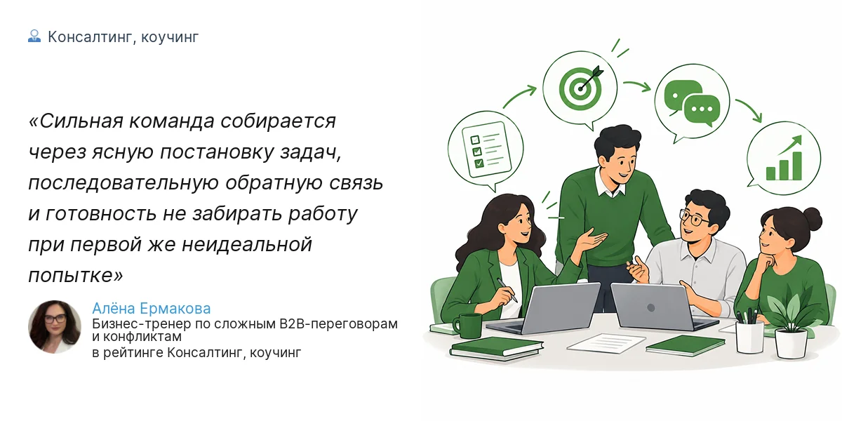 Сильная команда собирается через ясную постановку задач, последовательную обратную связь и готовность не забирать работу при первой же неидеальной попытке