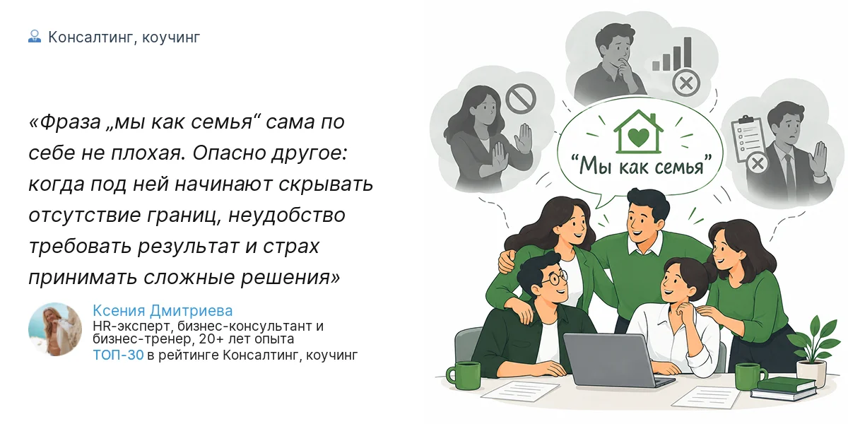 Фраза „мы как семья“ сама по себе не плохая. Опасно другое: когда под ней начинают скрывать отсутствие границ, неудобство требовать результат и страх принимать сложные решения