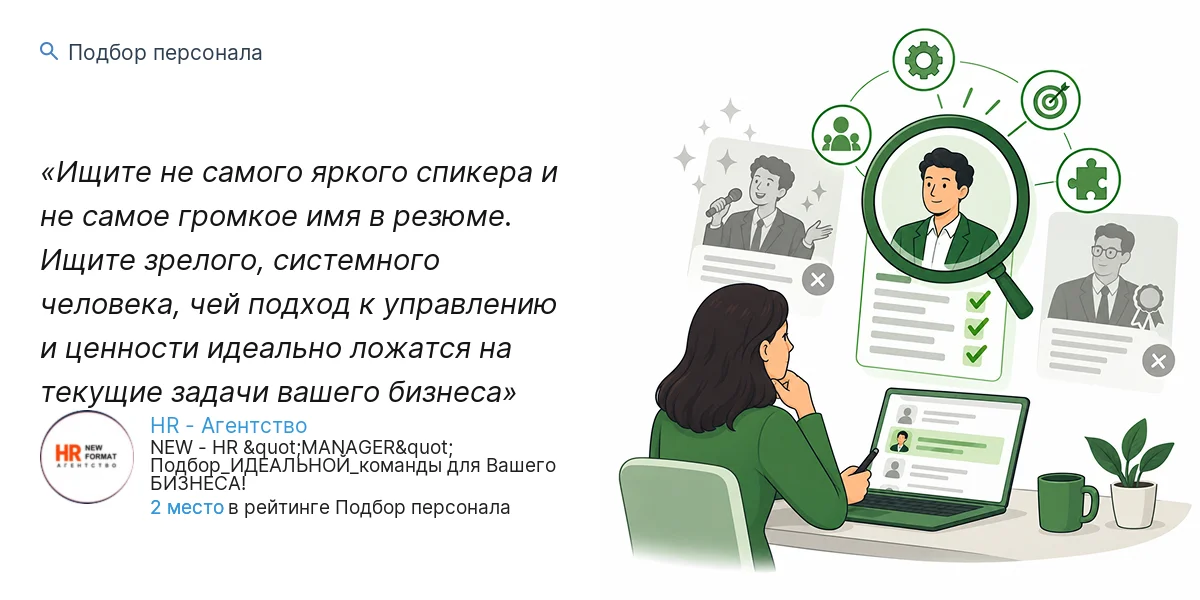 Ищите не самого яркого спикера и не самое громкое имя в резюме. Ищите зрелого, системного человека, чей подход к управлению и ценности идеально ложатся на текущие задачи вашего бизнеса