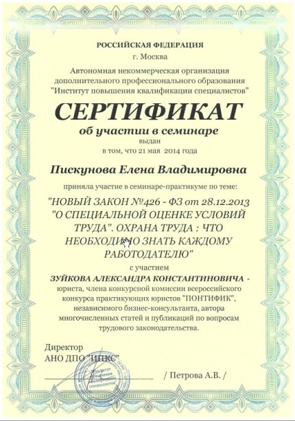 Елена Пискунова дипломы и сертификаты эксперта id-13245